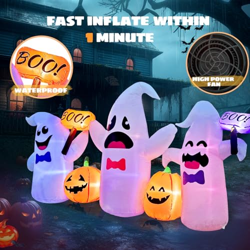 Image of 8FT Long Halloween Inflatable Ghosts and Pumpkins, 3 Blow Up Ghosts Inflatables with 2 Pumpkin Built-in LED Lights for Halloween Party Yard Garden Lawn Decorations