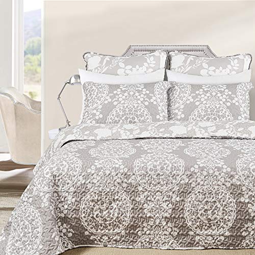 DriftAway Samantha - Juego de colcha reversible de 3 piezas, colcha con patrón de medallón floral, prelavado, color gris claro y blanco Queen Cover