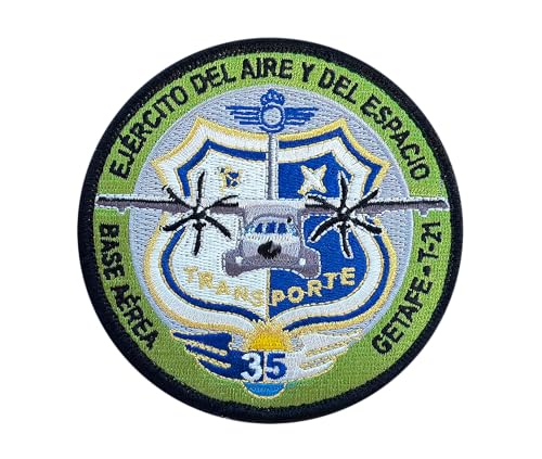 Parche Militar Bordado Táctico del Escuadrón Aéreo 35, Base Aérea de Getafe T-21, Ejército del Aire y del Espacio Diseño Circular, Verde y Azul, 9 Cm