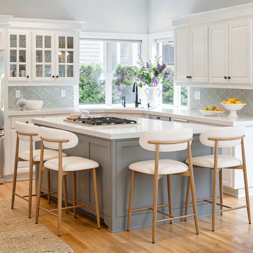 Image of AQO Counter Height Bar Stools Set of 6, Upholstered Counter Stools Modern Barstools with Metal Legs for Kitchen Island Dining Room, Beige