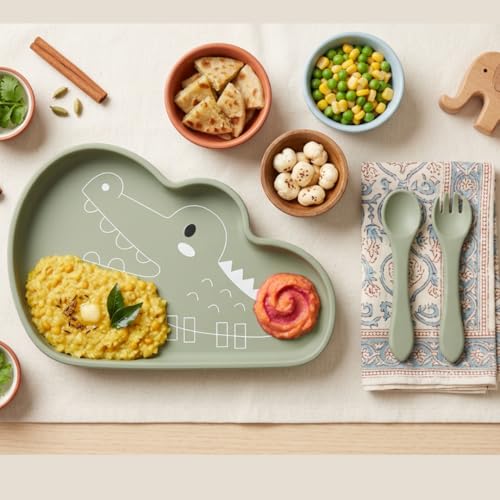 Image of TIGGY & BONNET Crocodile 2 Pcs Silicone Baby Feeding Set for Baby Bpa-Free | Microwave Safe, Anti-Slip Base | Tableware Kit for Babies & Toddlers with Suction Plate & Spoon