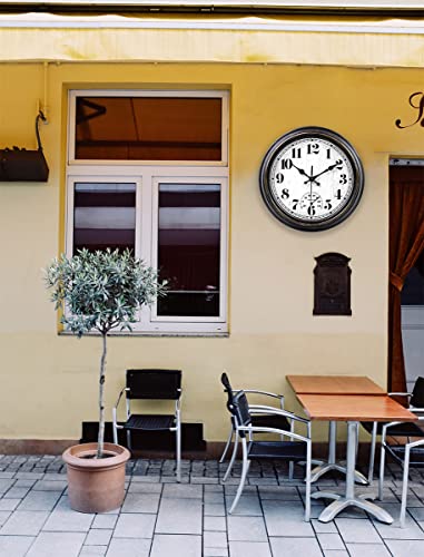 45Min 12 Inch Indoor/Outdoor Retro Round Waterproof Wall Clock With Thermometer, Silent Non Ticking Battery Operated Quality Quartz Wall Clock Home/Patio Decor(Black Gold) #TOP4