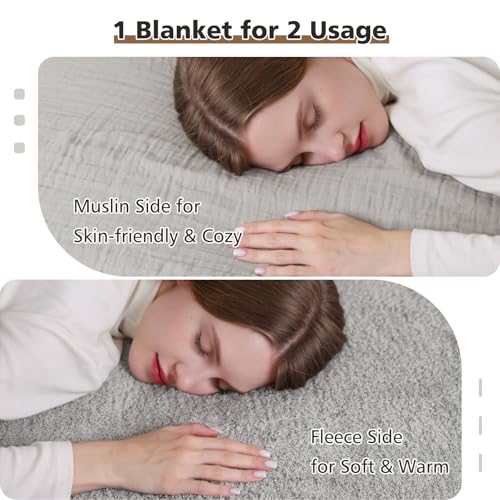 EMME Muslin and Fleece Twin Blanket Reversible - 60"*80" Grey Soft Warm Throw Blankets for Couch Bed Picnic Travel Bed