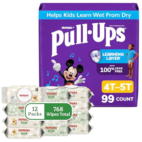 Pull-Ups for Boys + Natural Care Sensitive Wipes Bundle: Pull-Ups Training Pants, Size 4T-5T (38-50 lbs), 99 Count (3 Packs of 33) & Huggies Natural Care Sensitive Baby Wipes, 12 Packs, 768 Count - image 1