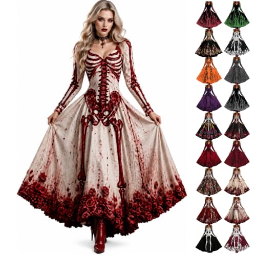 Halloween Dresses for Women,Skeleton Dress,Womens Plus Size Halloween Witch Costume Costumes for Women,Women's Gothic Dress Goth Skull Outfits Clothes Disfraz De para Mujer 2026# White S - image 1