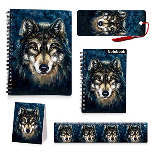 3D Kids Wolf Spiral Notebooks,Back to School Supplies,Hard Cover Spiral Note Pad (Notebook Ruler Bookmark Set)