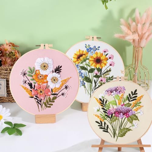 Image of Ohcol 3 Sets Embroidery Kit for Beginners Cross Stitch Kits Needlepoint Kits Crafts for Adults with 3 Embroidery Hoops Easy-to-Follow Operating Instructions,Needle Point Kits with Flowers Patterns