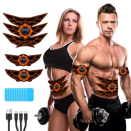 JOYTOUR EMS - Allenatore addominale per addominali, allenamento rapido EMS, 8 modalità e 15 intensità, 10 idrogel di ricambio (arancione)