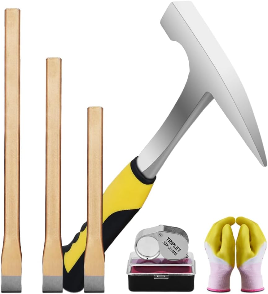Complete Rock Hounding and Mining Tool Kit 6 PCS Set with 22oz Rock