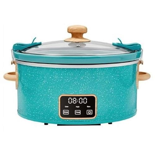 Country Charm Collection 6-Quart Digital Slow Cooker With Locking Lid, Programmable Settings, Removable Stoneware, Portable Crock Pot for Family Meals (Teal Speckle)
