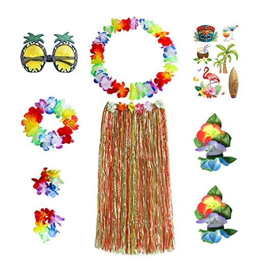 VIKSAUN 9 Piezas Conjunto Hawaii Hula, Disfraz Hawaiano para Fiesta Hawaiana, Guirnalda Hawaiana Falda de Hierba, Gafas de Sol Pulseras de Flores, Adecuado para Fiestas, Fiestas de Baile