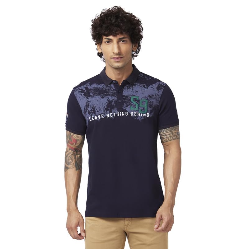 Image of Spykar Men's Slim Fit Slim Collar Half Sleeve Printed Casual T-Shirt