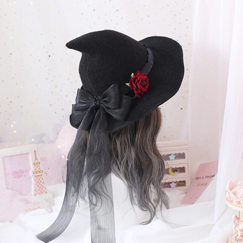 HKSICHENGKEJIUK Halloween Witch Hat With Rose Bow, Women Pointed Wide Brim Costume Accessory