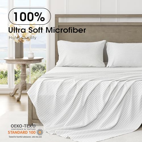 Image of FreshCulture Full Size Bed Sheets - Ultra Soft Striped Sheets - Brushed Microfiber - Deep Pockets up to 16 inch - Easy Care - Hotel Luxury 4 Piece Striped Sheets Full, Stripe Grey