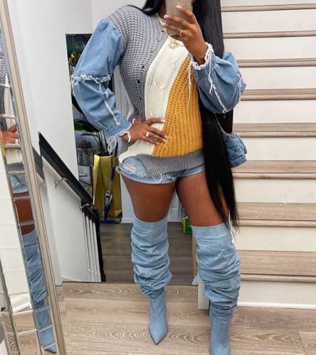 Vaceky Womens Sweaters Denim Sleeve Color Block Crewneck Pullover Knit Tops3