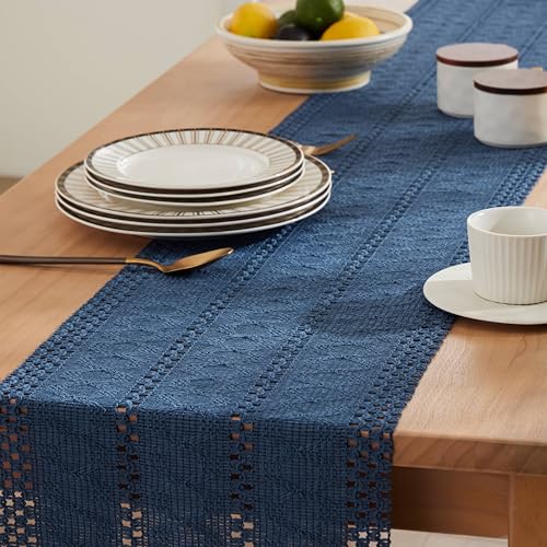 Image of ZeeMart Macrame Style Boho Table Runner, Blue Table Runners 90 Inches Long, Farmhouse Woven Home Decor, 12x90 Inch, Dusty Blue