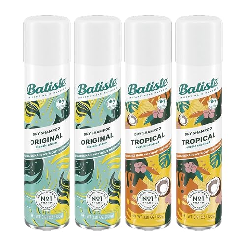 Batiste Dry Shampoo Spray 4-Pack Variety Mix, Original Clean and Classic and Tropical Fragrance, 2 Each 3.81 Ounces