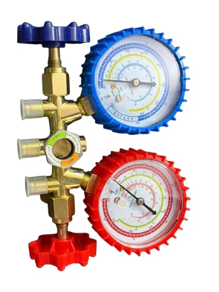 AC Manifold Gauge Set, Dual Pressure Gauges, Red and Blue, Brass Fittings, HVAC Refrigeration Diagnostic Tool-image-32