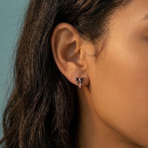 Image of Reffeer Solid 925 Sterling Silver Bow Hoop Earrings Huggie for Women Teen Girls Black CZ Bowknot Hoop Earrings Ribbon Cartilage Huggie