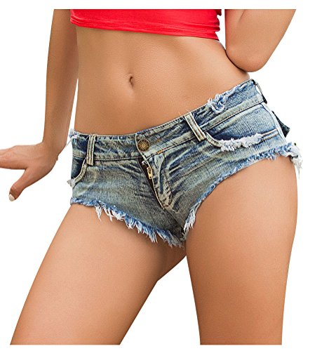 Soojun Women's Sexy Cut Off Low Waist Booty Denim Jeans Shorts, Blue, US 4