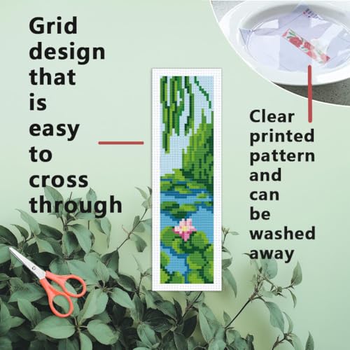 Image of INFUNLY 6 Set Water Lilies Cross Stitch Bookmark Kits 8 inchx2.4 inch DIY Willow Tree Embroidery Bookmark Kits for Beginners with Instruction Lotus Flowers Bookmark Making Kit for Book Lovers Readers Gifts