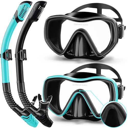 MELUMILU Snorkeling Gear for Adults, Dry Snorkel Set 180° Panoramic Wide View Anti-Fog Scuba Diving Mask, Professional Snorkel Gear for Free Breathing, Swimming, Diving (Black+Black Green)