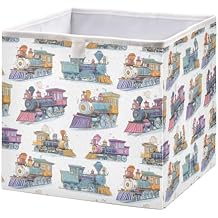 Cartoon Trains Print Collapsible Storage Basket, Foldable Storage Bins Cubes with Support Boards 15.710.66.9 IN