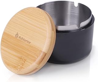 【公式】 Ashterior ステンレス × 木製× PP の機能的融合 ふた付き 灰皿 大容量 卓上 屋外 にも アッシュテリア (ブラック)
