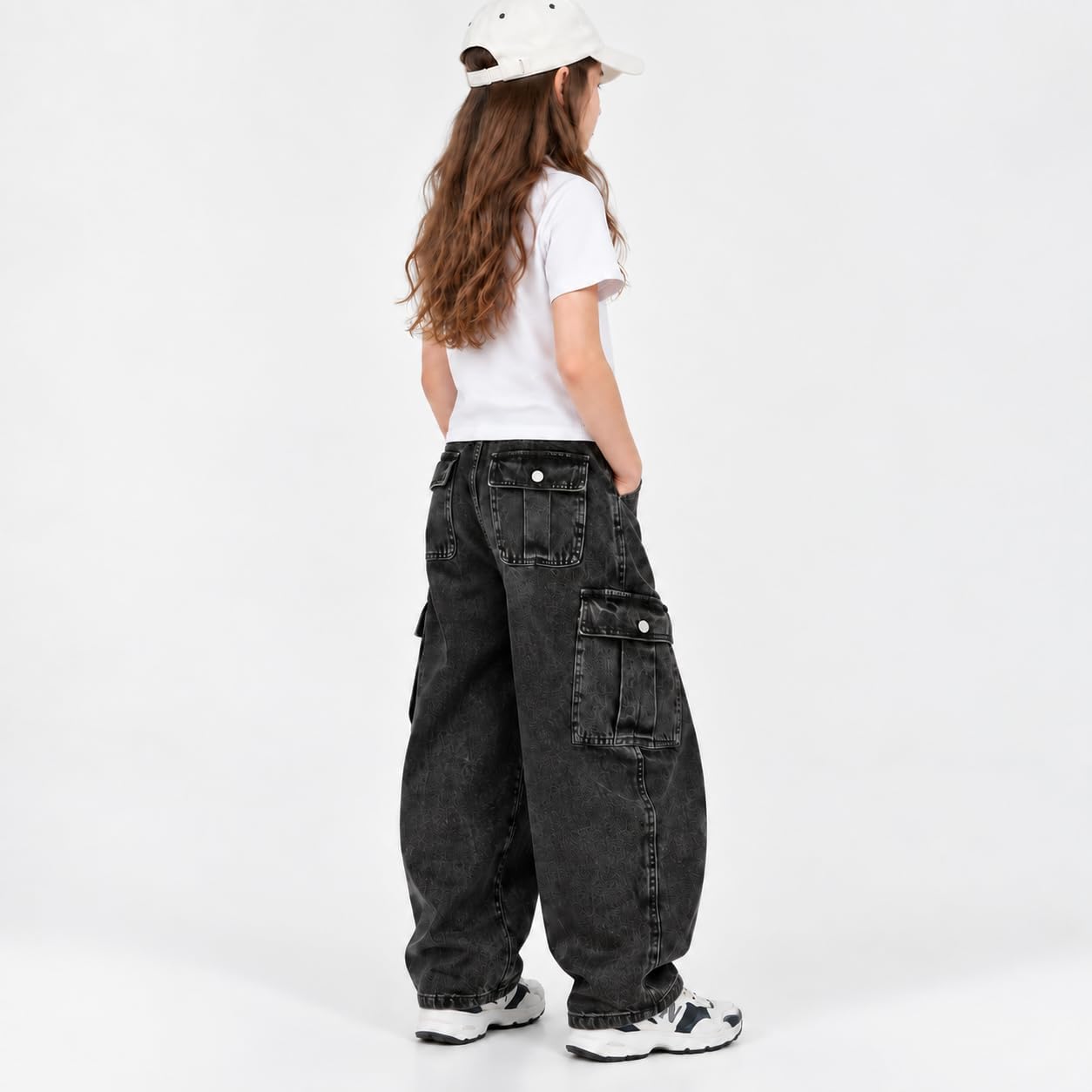 Girls' Y2K Baggy Cargo Barrel-Leg Jeans with Elastic Waist