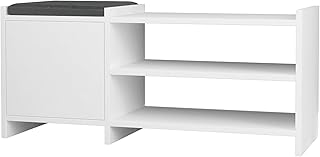 Banco zapatero 1 puerta con cojín acolchado tapizado en tela gris. Color Blanco. (Alto 44 cm/Ancho 100 cm/Fondo 35 cm)