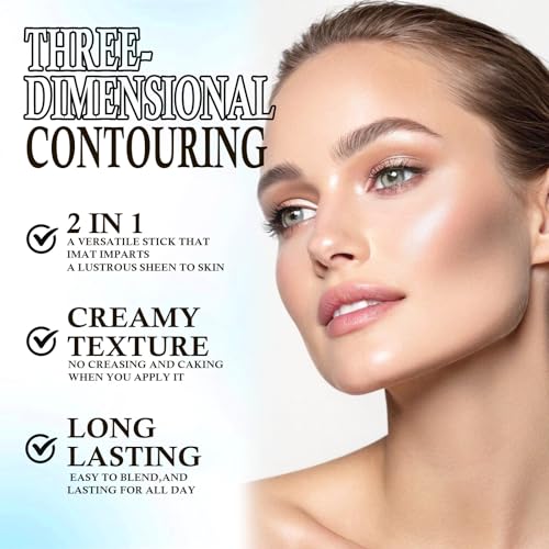 HOSAILY Dual Ended Cool Toned Contour&Champagne Shimmer Highlighter Stick, Cold Grey Creamy Long Lasting Bronzer&Brightener Pen, Blendable Smooth Nose Contouring Stick for Pale Fair Skin Facial Makeup
