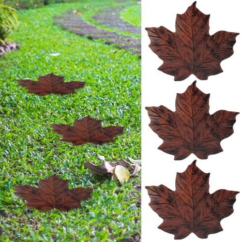 DoubleFill 3 Pcs Maple Leaf Stepping Stone 12 Inch Iron Maple Shaped Foot Step Stone Figurine Decorative Portable Stepping Stone Statue for Garden Lawn Patio Yard Walkway Outdoor Indoor Decor, Brown