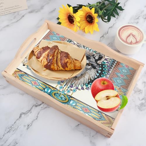 Image of DIY Diamond Art Tray with Handle Diamond Art Painting Plate Creative Design Handmade Wooden Tray Mosaic Making Kits by Number Kits Diamond Art for Coffee Living Room Home Organizer (Dreamcatcher Wolf)