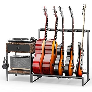 yamagahome Support de guitare pliable universel avec étagère de rangement à 2 niveaux, support de guitare portable avec crochet pour guitare acoustique, électrique et basse, noir - Les Beatles, Paul McCartney, John Lennon, RIngo Starr, George Harrison