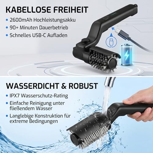 Elektrische Grillbürste, Reinigungsbürste Elektrisch, Akku-Betrieben, Edelstahl-Bürstenkopf, 180° Verstellbarem Winkel, 3-Stufen Reinigung, 90 Min Laufzeit, IPX7 Wasserdicht für alle Grilltypen