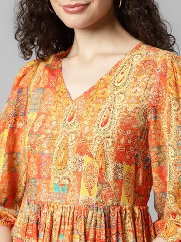 Image of DEEBACO Women's Rayon Peplum Top & Straight Pants Co-Ord Set for Women|Flared Tunic V-Neck & 3 /4 Puff Sleeve Ladies Party Casual Wear Fashionable for Girls Relaxed Fit Cord Set