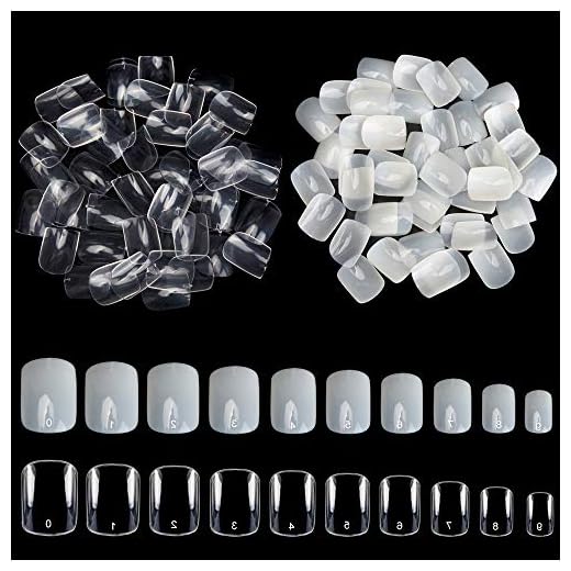 Noverlife 1200PCS Full Cover Short Square False Nail Tips, 10 Sizes, Clear & Natural, Mani-pedi Acrylic UV Gel Polish Fake Nails, Artificial Finger Tips for Professional Salon & DIY Nail Art Decor