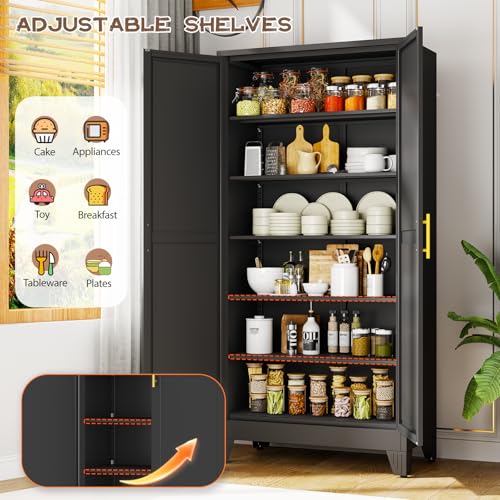 Image of winiowa Tall Metal Kitchen Pantry Storage Cabinet with 2 Doors and 5 Adjustable Shelves - 75.2 inch Kitchen Cabinet with Gold Handles for Kitchen, Bathroom, Dining Room, Living Room - Black