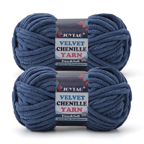 Image of 2 Pack Chunky Chenille Yarn for Crocheting and Knitting Beginners,Thick Bulky Plush Fluffy Velvet Soft Baby Blanket Crochet Chenille Yarn for Crocheting Blankets /Amigurumi /DIY Crafts(Denim Blue