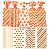 Fall Cellophane Treat Bags, 100pcs Plastic Orange Stripe Wave Dot Thanksgiving Candy Goodie Bags for Autumn Cookie Snack with Twist Ties for Autumn Thanksgiving Fall Birthday Party Favor