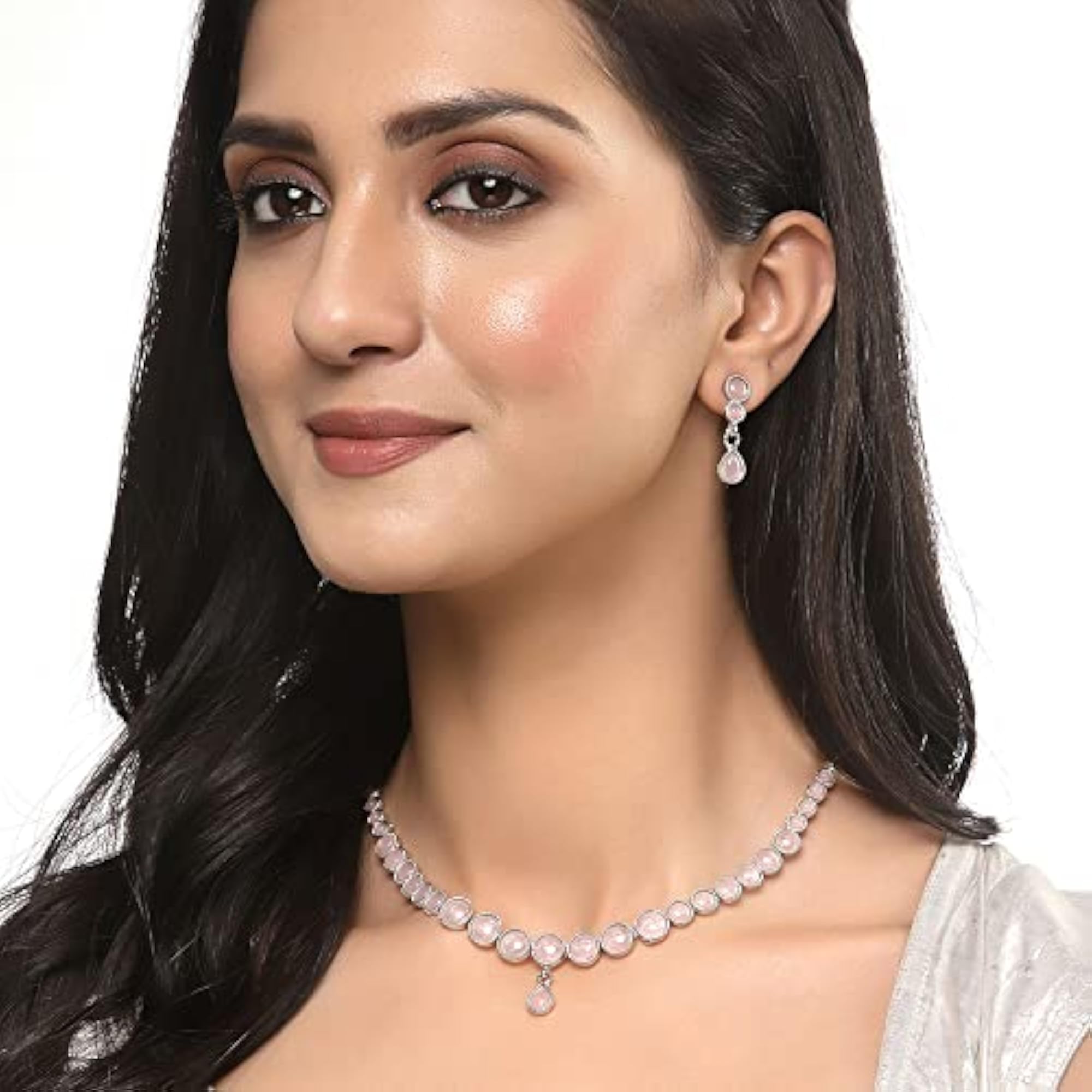 Oxidised Silver-Plated Round American Diamond Necklace Set