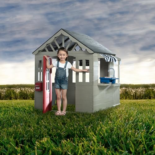 Image of Delta Children MySize Deluxe Outdoor Playhouse with Play Sink with Running Water, Picnic Table & Mailbox - Premium Wooden Cedar Playhouse for Kids, Grey