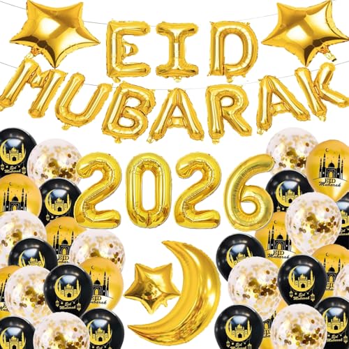 Eid Mubarak Banner Eid Decorations 43 PCS Black Gold Balloon Set Including Numbers Stars and Moon Perfect for Eid Parties and Family Activities Ramadan Celebration Decorations for Home