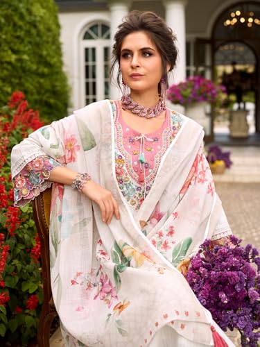 Image of INDO ERA Women's Anarkali Pure Cotton Floral Printed Embroidered Kurta & Pant with Dupatta Set (IEOUT10688)