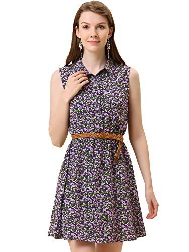 Image of Allegra K Women's Floral Printed Half Placket Above Knee Summer Sleeveless Belted Dress