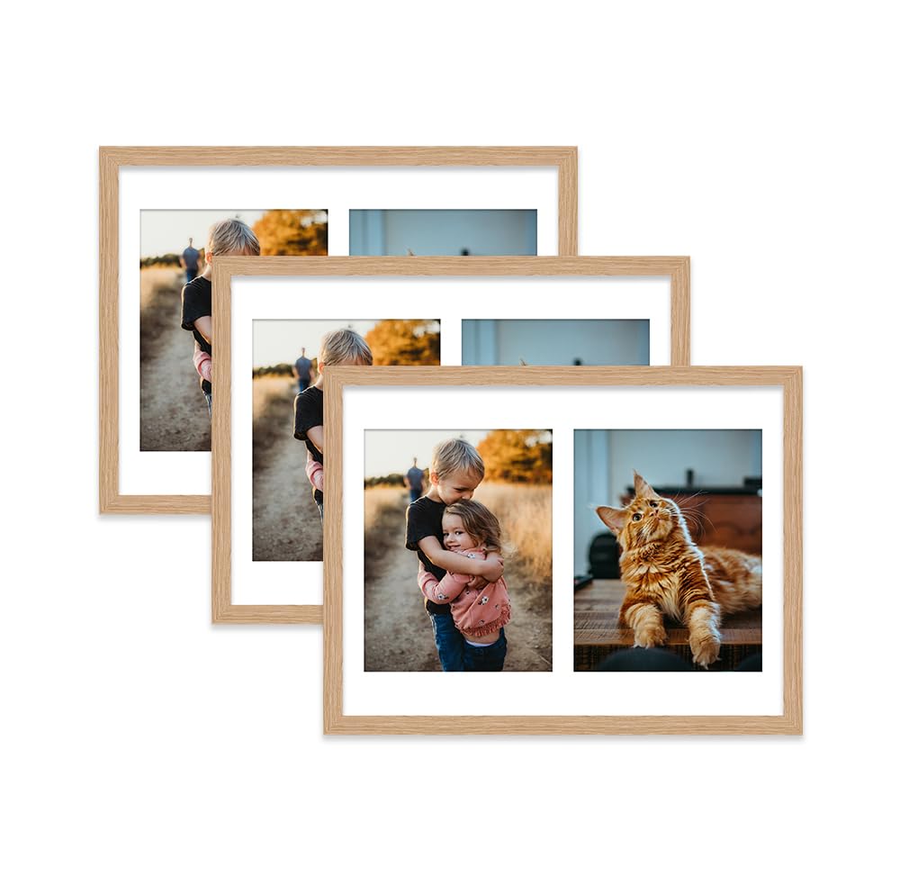 Oak Multi Photo Frame - Holds 2 x 9x7 Pictures, Family Collage Picture Frame for Wall Display, 16x12 Frame size, Set of 3