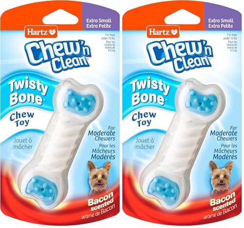Hartz Chew ‘n Clean Twisty Bone Dog Chew Toy, Bacon Scented for Moderate Chewers, Extra Small (Pack of 2)