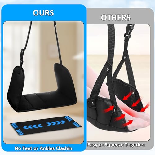 PENGARO Flugzeugfußstütze, Fuß Hängematte Büro Fußstütze mit 2 Haken, Höhenverstellbar Flugzeug Fußhocker Breite Fußstütze Hängematte für Lange Flüge Bequem Reise Schreibtisch Gaming, Schwarz