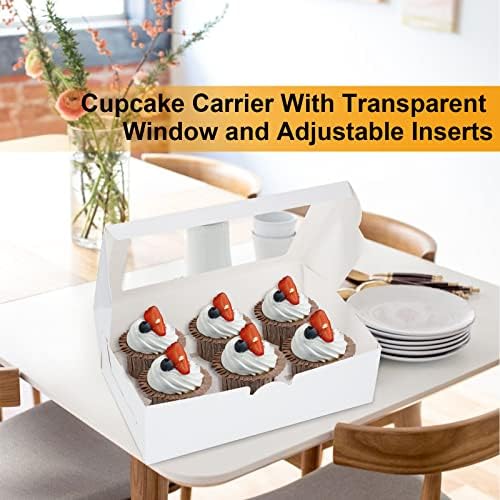 JMIATRY 50 Pack 6 Hole Cupcake Boxes, Cupcake Carrier With Transparent Window and Adjustable Inserts, Kraft Paper Cake Box for Cupcakes, Cookies, Muffins, Pastries and Donuts