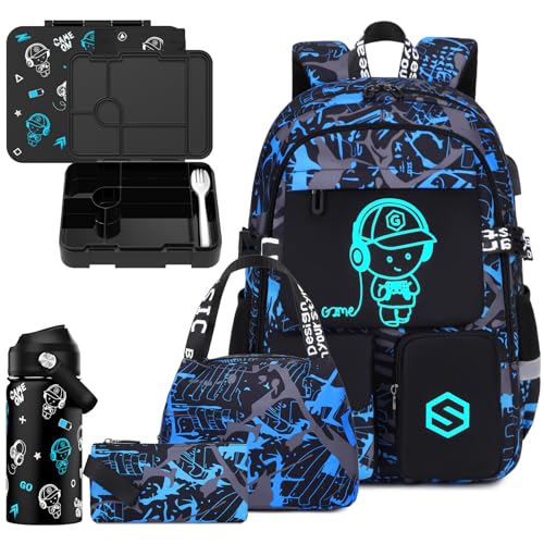Scothen 5PCS Cool Luminous Backpack for Boys with Lunch Box & Water Bottle